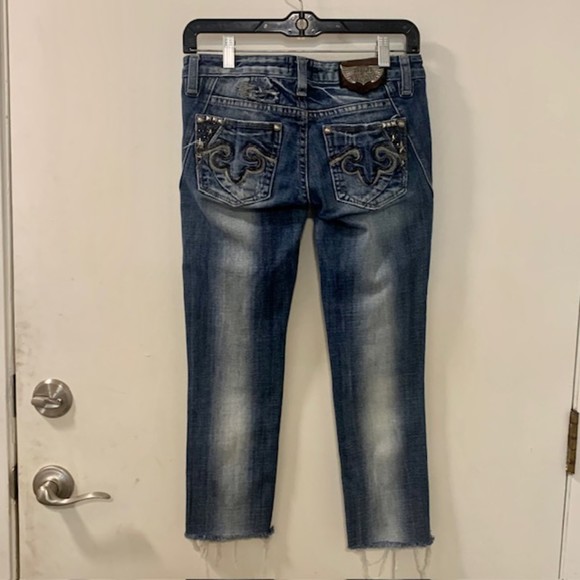 Rerock for Express Womens Blue Patched Denim Frayed Hem Skinny Capri Jeans Sz 0 - Picture 4 of 11